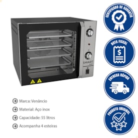Forno Convector Venâncio Smart Basic 4 Esteiras Corpo Preto Painel Inox 220V FCSB4EPRIN 15487